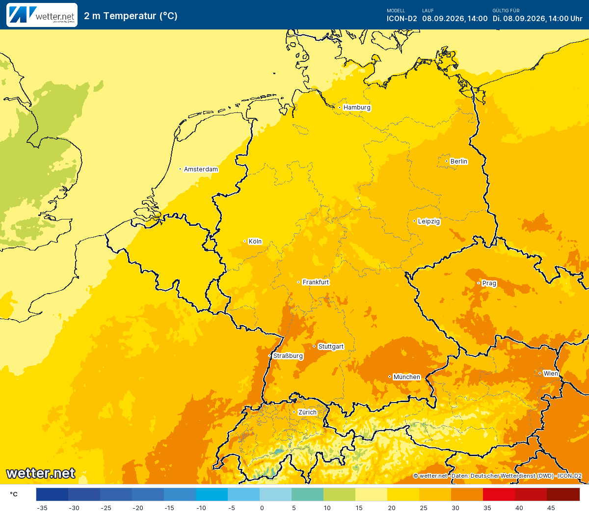 2 m Temperatur über Mitteleuropa, Modell ICON-D2, gültig Di., 08.09.2026, 14:00 Uhr. Werte von 2,5 bis 34,8 °C. Die Lufttemperatur zwei Meter über dem Boden. Blaue Flächen zeigen kalte Luft, rote Flächen warme Luft.