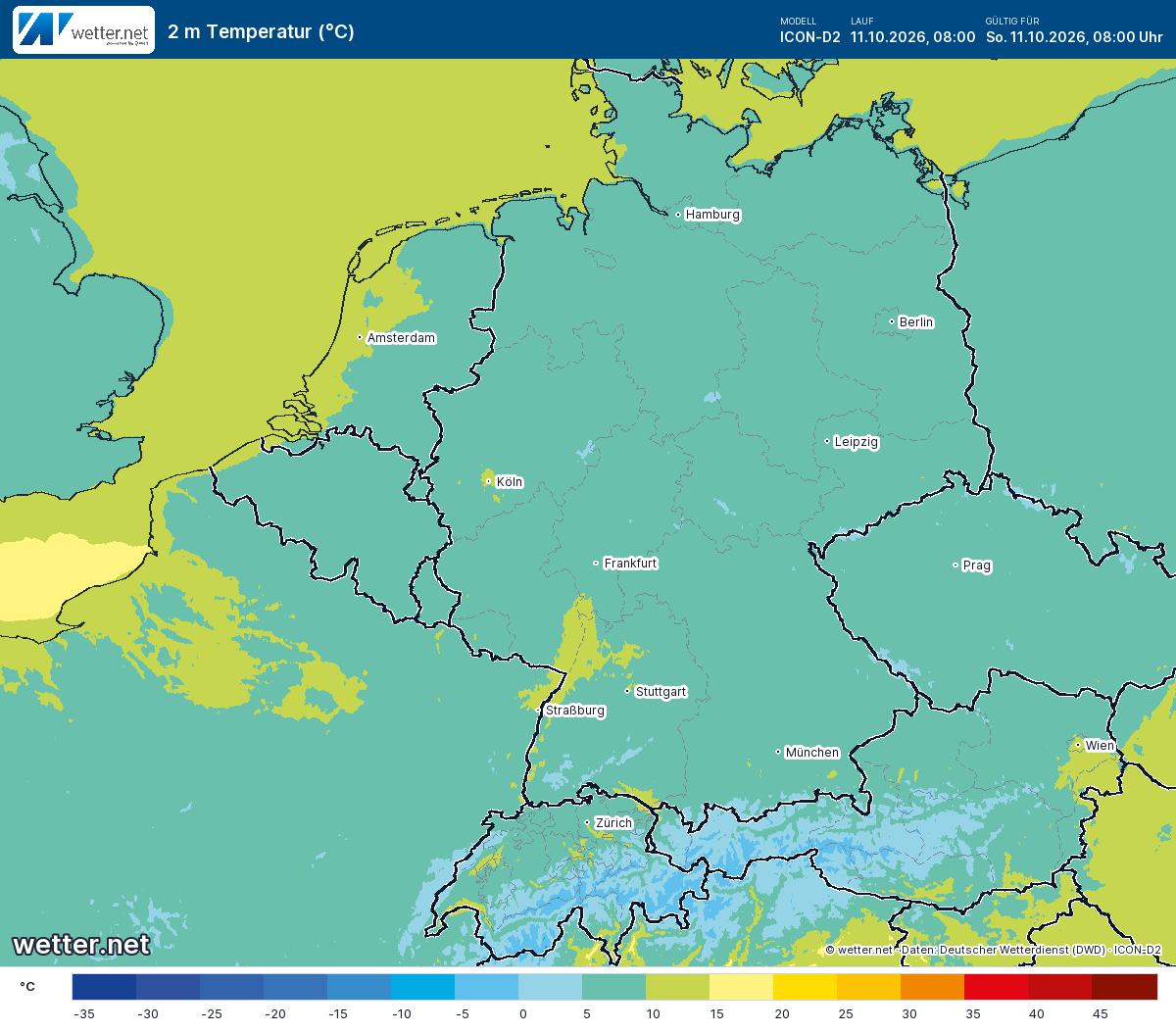 2 m Temperatur über Mitteleuropa, Modell ICON-D2, gültig So., 11.10.2026, 08:00 Uhr. Werte von -6,3 bis 19 °C. Die Lufttemperatur zwei Meter über dem Boden. Blaue Flächen zeigen kalte Luft, rote Flächen warme Luft.