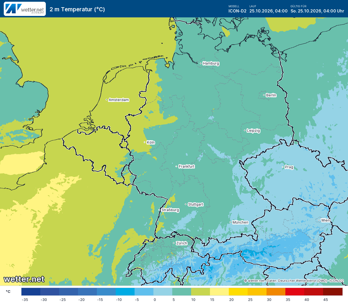 2 m Temperatur über Mitteleuropa, Modell ICON-D2, gültig So., 25.10.2026, 04:00 Uhr. Werte von -9,8 bis 17,6 °C. Die Lufttemperatur zwei Meter über dem Boden. Blaue Flächen zeigen kalte Luft, rote Flächen warme Luft.